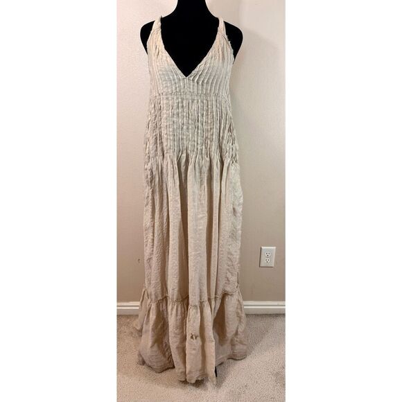Free People Frankie Pintuck Beige Ruffle Maxi Dress with Pockets Women’s Large - Picture 3 of 15